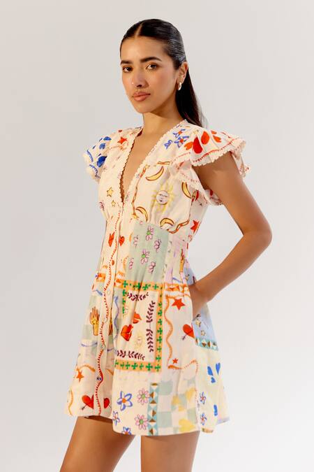 Shop NOIB Multi Color Viscose, Linen Embroidery V-neck Multicolor Schiffli Dress Shop_NOIB_Multi Color Viscose, Linen Embroidery V-neck Multicolor Schiffli Dress