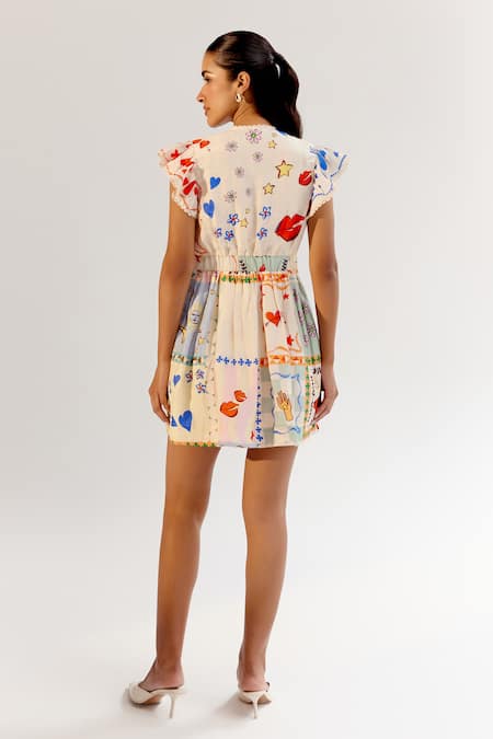 NOIB Multi Color Viscose, Linen Embroidery V-neck Multicolor Schiffli Dress Online at Aza Fashions NOIB_Multi Color Viscose, Linen Embroidery V-neck Multicolor Schiffli Dress _Online_at_Aza_Fashions