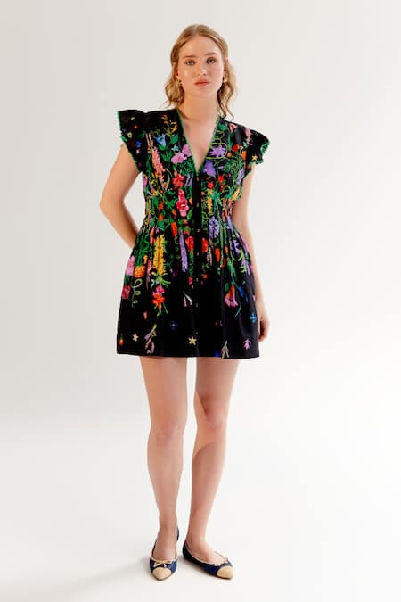 Buy_Noib_Black Viscose, Linen Embroidery, Lace Plunge Neck Floral Dress _Online_at_Aza_Fashions