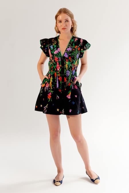 Shop_Noib_Black Viscose, Linen Embroidery, Lace Plunge Neck Floral Dress _Online_at_Aza_Fashions