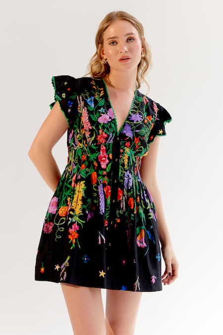 Noib_Black Viscose, Linen Embroidery, Lace Plunge Neck Floral Dress _at_Aza_Fashions