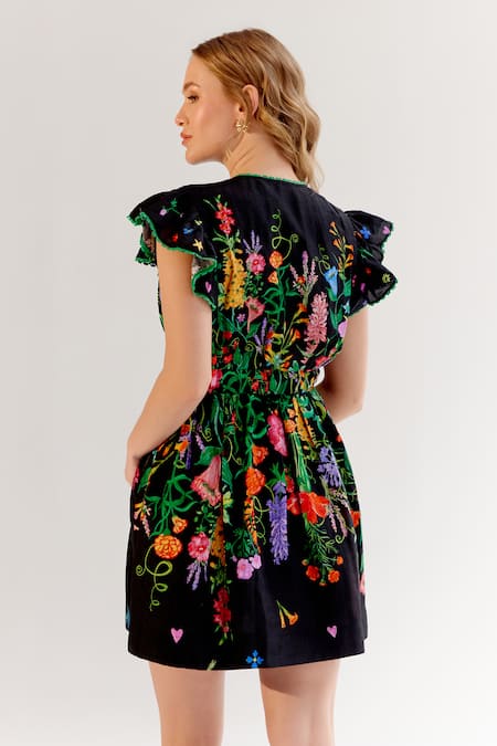 Shop_Noib_Black Viscose, Linen Embroidery, Lace Plunge Neck Floral Dress _at_Aza_Fashions