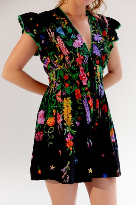 Buy_Noib_Black Viscose, Linen Embroidery, Lace Plunge Neck Floral Dress 