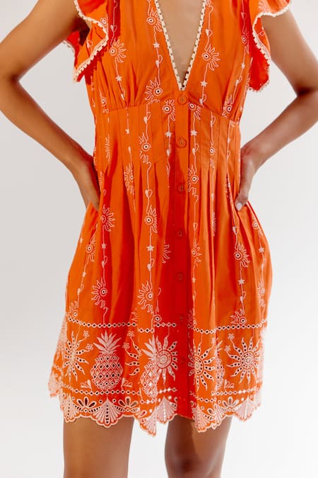 NOIB_Orange Cotton Embroidery V-neck Schiffli Dress _Online_at_Aza_Fashions