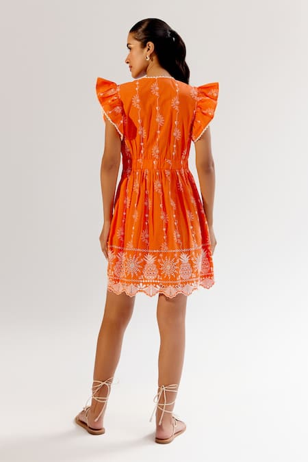 Shop_NOIB_Orange Cotton Embroidery V-neck Schiffli Dress _at_Aza_Fashions