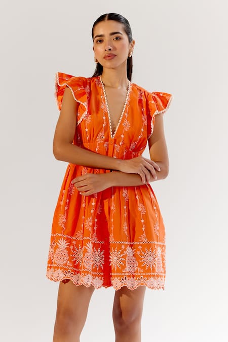 Buy_NOIB_Orange Cotton Embroidery V-neck Schiffli Dress _Online_at_Aza_Fashions