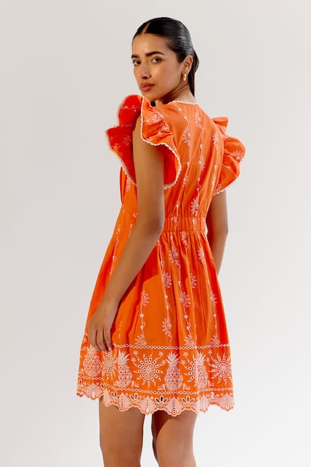 Shop_NOIB_Orange Cotton Embroidery V-neck Schiffli Dress _Online_at_Aza_Fashions