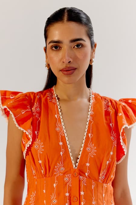 NOIB_Orange Cotton Embroidery V-neck Schiffli Dress _at_Aza_Fashions
