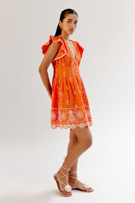 Buy_NOIB_Orange Cotton Embroidery V-neck Schiffli Dress 