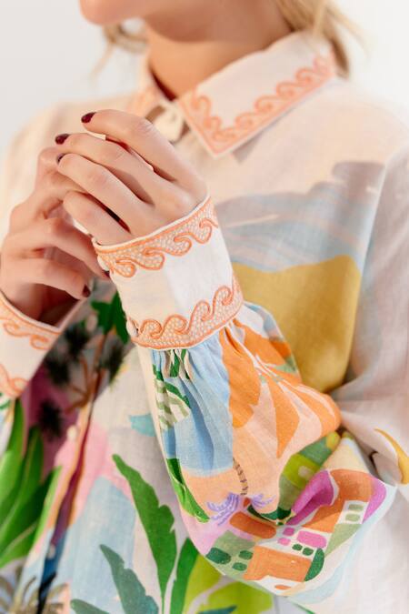 Buy NOIB Multi Color Linen, Lycra Embroidery Collared Multicolor By The Sea Print Shirt Online at Aza Fashions Buy_NOIB_Multi Color Linen, Lycra Embroidery Collared Multicolor By The Sea Print Shirt _Online_at_Aza_Fashions