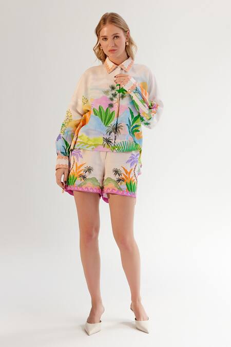 NOIB Multi Color Linen, Lycra Embroidery Collared Multicolor By The Sea Print Shirt at Aza Fashions NOIB_Multi Color Linen, Lycra Embroidery Collared Multicolor By The Sea Print Shirt _at_Aza_Fashions