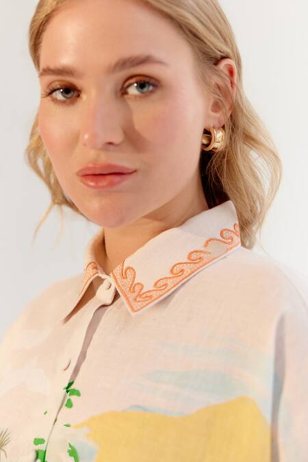 Buy NOIB Multi Color Linen, Lycra Embroidery Collared Multicolor By The Sea Print Shirt Buy_NOIB_Multi Color Linen, Lycra Embroidery Collared Multicolor By The Sea Print Shirt