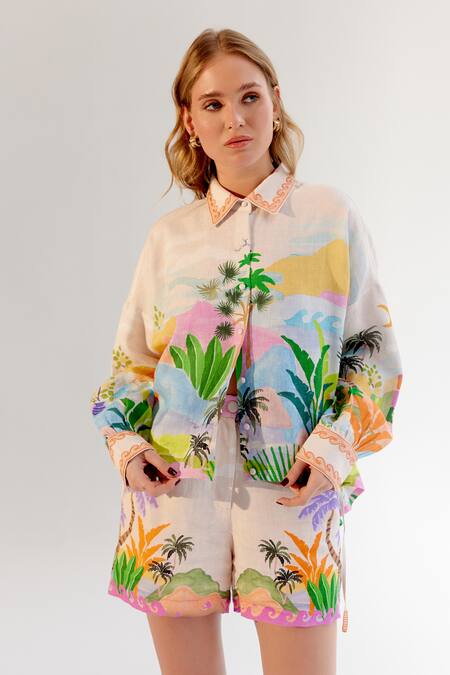 Shop NOIB Multi Color Linen, Lycra Embroidery Collared Multicolor By The Sea Print Shirt Shop_NOIB_Multi Color Linen, Lycra Embroidery Collared Multicolor By The Sea Print Shirt