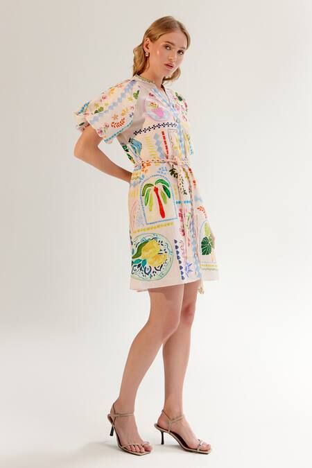 Shop NOIB Multi Color Viscose, Linen Collared Florence Postcard Print Dress Online at Aza Fashions Shop_NOIB_Multi Color Viscose, Linen Collared Florence Postcard Print Dress _Online_at_Aza_Fashions