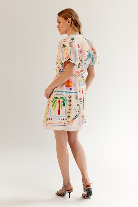 NOIB Multi Color Viscose, Linen Collared Florence Postcard Print Dress Online at Aza Fashions NOIB_Multi Color Viscose, Linen Collared Florence Postcard Print Dress _Online_at_Aza_Fashions