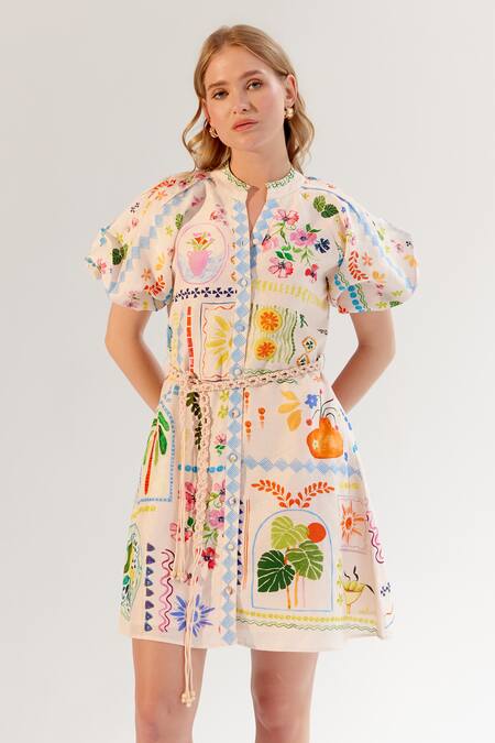 Buy NOIB Multi Color Viscose, Linen Collared Florence Postcard Print Dress Buy_NOIB_Multi Color Viscose, Linen Collared Florence Postcard Print Dress