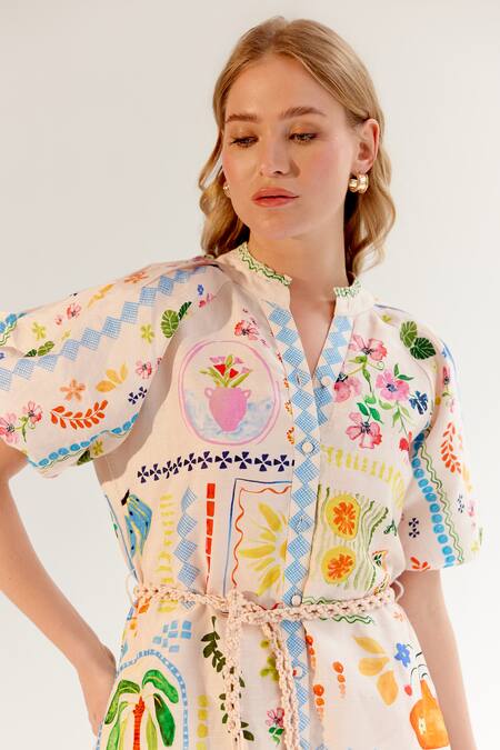 Shop NOIB Multi Color Viscose, Linen Collared Florence Postcard Print Dress Shop_NOIB_Multi Color Viscose, Linen Collared Florence Postcard Print Dress