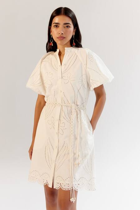 NOIB White Cotton Embroidery Collared Schiffli Dress With Belt Online at Aza Fashions NOIB_White Cotton Embroidery Collared Schiffli Dress With Belt _Online_at_Aza_Fashions