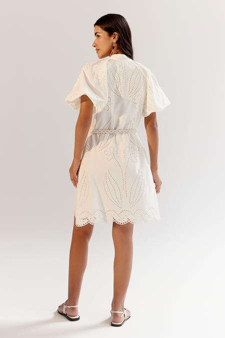 Shop NOIB White Cotton Embroidery Collared Schiffli Dress With Belt at Aza Fashions Shop_NOIB_White Cotton Embroidery Collared Schiffli Dress With Belt _at_Aza_Fashions