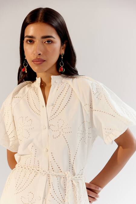 Buy NOIB White Cotton Embroidery Collared Schiffli Dress With Belt Online at Aza Fashions Buy_NOIB_White Cotton Embroidery Collared Schiffli Dress With Belt _Online_at_Aza_Fashions