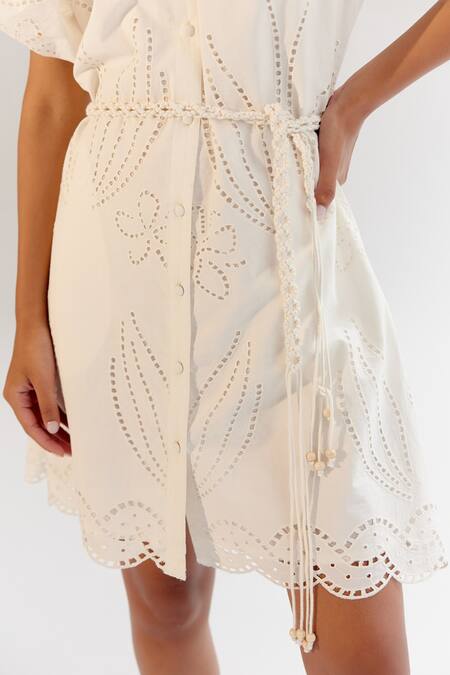 Shop NOIB White Cotton Embroidery Collared Schiffli Dress With Belt Online at Aza Fashions Shop_NOIB_White Cotton Embroidery Collared Schiffli Dress With Belt _Online_at_Aza_Fashions