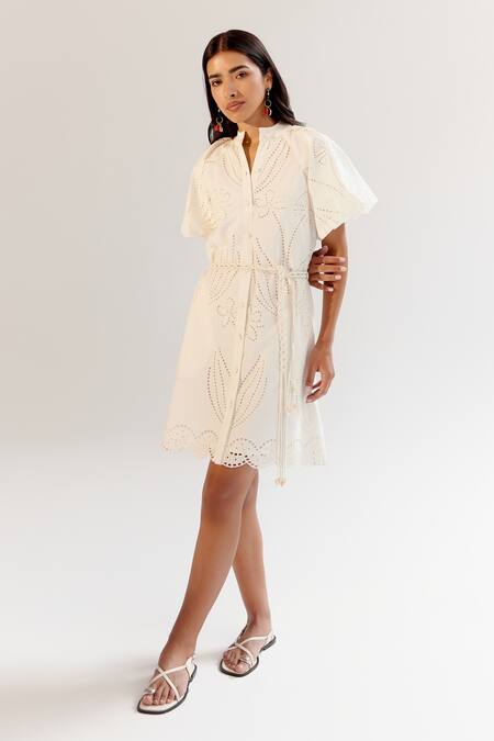 NOIB White Cotton Embroidery Collared Schiffli Dress With Belt at Aza Fashions NOIB_White Cotton Embroidery Collared Schiffli Dress With Belt _at_Aza_Fashions