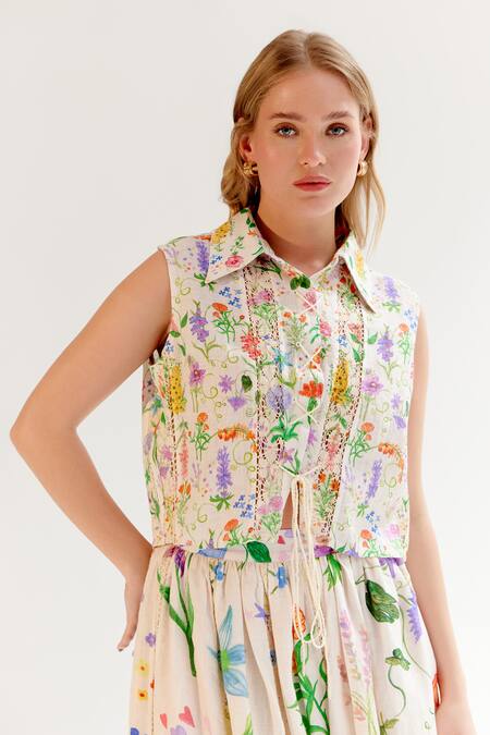 Buy_NOIB_Multi Color Linen, Lycra Embroidery Collared Freya Floral Print Shirt _Online_at_Aza_Fashions