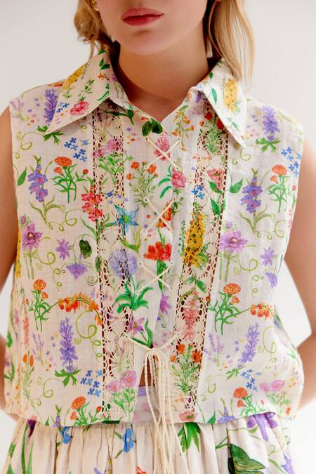 Shop_NOIB_Multi Color Linen, Lycra Embroidery Collared Freya Floral Print Shirt _Online_at_Aza_Fashions