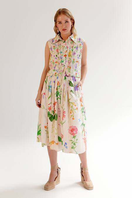 Buy_NOIB_Multi Color Linen, Lycra Embroidery Collared Freya Floral Print Shirt 