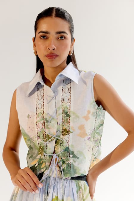 NOIB_Multi Color Linen, Lycra Lace, Embroidery Multicolor Floral Printed Shirt _Online_at_Aza_Fashions