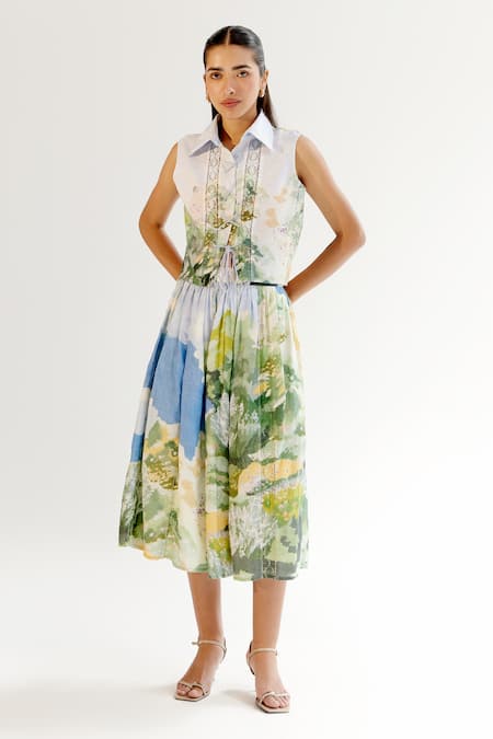 Buy_NOIB_Multi Color Linen, Lycra Lace, Embroidery Multicolor Floral Printed Shirt _Online_at_Aza_Fashions