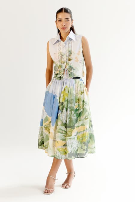 Shop_NOIB_Multi Color Linen, Lycra Lace, Embroidery Multicolor Floral Printed Shirt _Online_at_Aza_Fashions