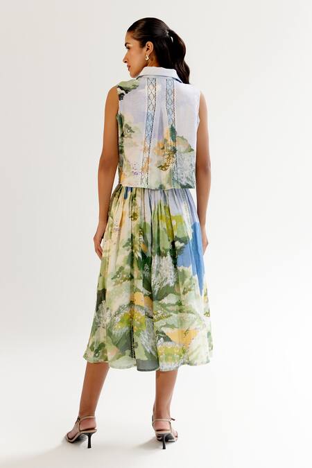 NOIB_Multi Color Linen, Lycra Lace, Embroidery Multicolor Floral Printed Shirt _at_Aza_Fashions