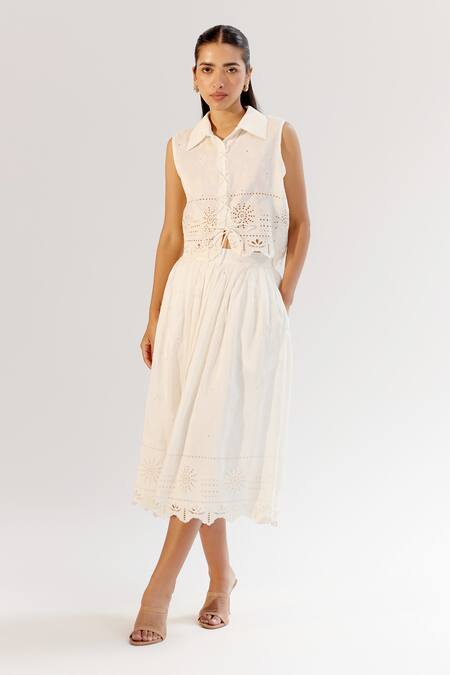 NOIB_White Linen, Lycra Embroidery Collared Schiffli Shirt _at_Aza_Fashions