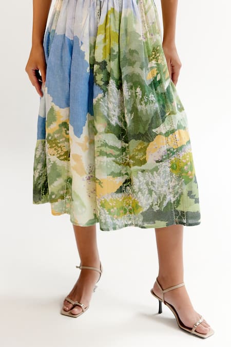 Shop NOIB Multi Color Linen, Lycra Multicolor Forest Print Midi Skirt Online at Aza Fashions Shop_NOIB_Multi Color Linen, Lycra Multicolor Forest Print Midi Skirt _Online_at_Aza_Fashions
