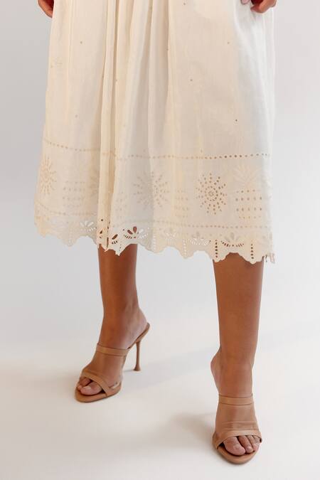 Buy_Noib_White Viscose, Linen Embroidery Schiffli Midi Skirt _Online_at_Aza_Fashions