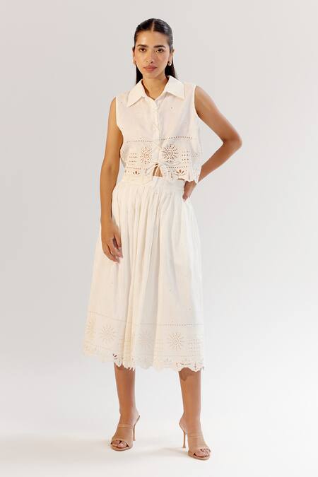 Shop_Noib_White Viscose, Linen Embroidery Schiffli Midi Skirt _Online_at_Aza_Fashions