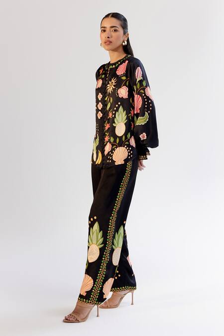 NOIB Black Modal Embroidery Floral Print Pant Online at Aza Fashions NOIB_Black Modal Embroidery Floral Print Pant _Online_at_Aza_Fashions