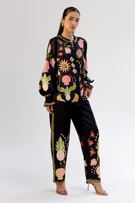 Shop NOIB Black Modal Embroidery Floral Print Pant at Aza Fashions Shop_NOIB_Black Modal Embroidery Floral Print Pant _at_Aza_Fashions