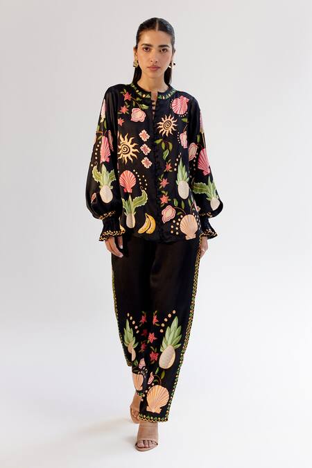 Buy NOIB Black Modal Embroidery Floral Print Pant Online at Aza Fashions Buy_NOIB_Black Modal Embroidery Floral Print Pant _Online_at_Aza_Fashions