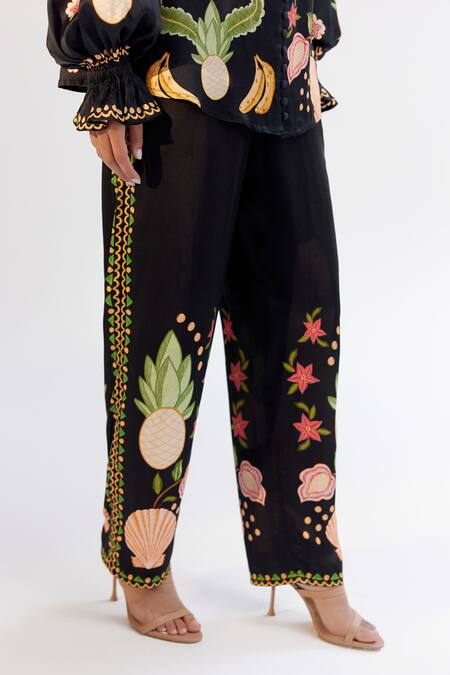 Shop NOIB Black Modal Embroidery Floral Print Pant Online at Aza Fashions Shop_NOIB_Black Modal Embroidery Floral Print Pant _Online_at_Aza_Fashions
