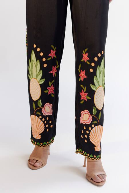 NOIB Black Modal Embroidery Floral Print Pant at Aza Fashions NOIB_Black Modal Embroidery Floral Print Pant _at_Aza_Fashions