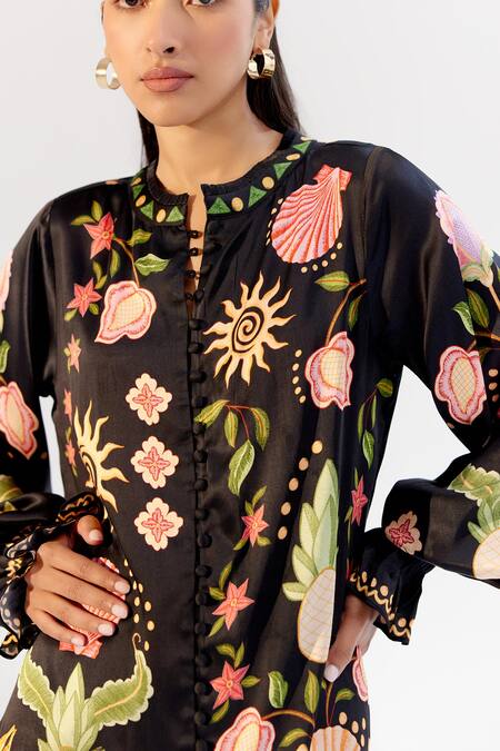 NOIB_Black Modal Embroidery Round Neck Seashell Print Shirt _Online_at_Aza_Fashions
