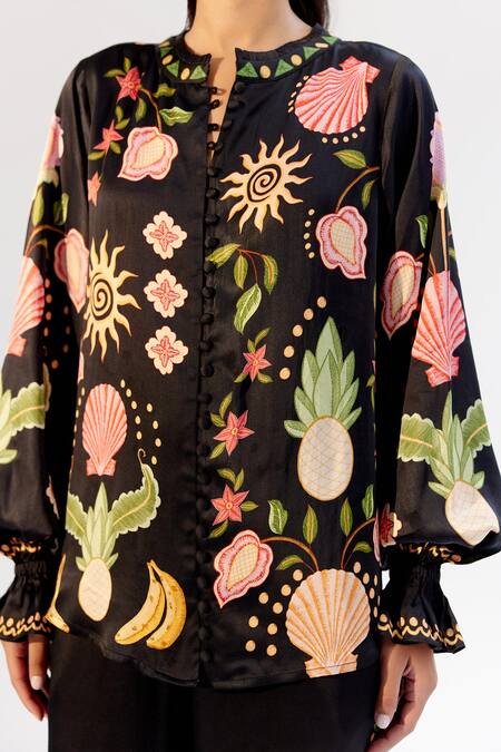 Buy_NOIB_Black Modal Embroidery Round Neck Seashell Print Shirt _Online_at_Aza_Fashions