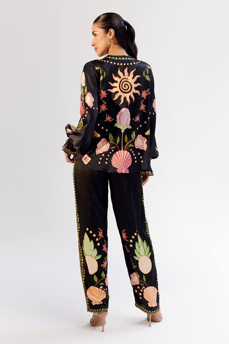 Shop_NOIB_Black Modal Embroidery Round Neck Seashell Print Shirt _at_Aza_Fashions