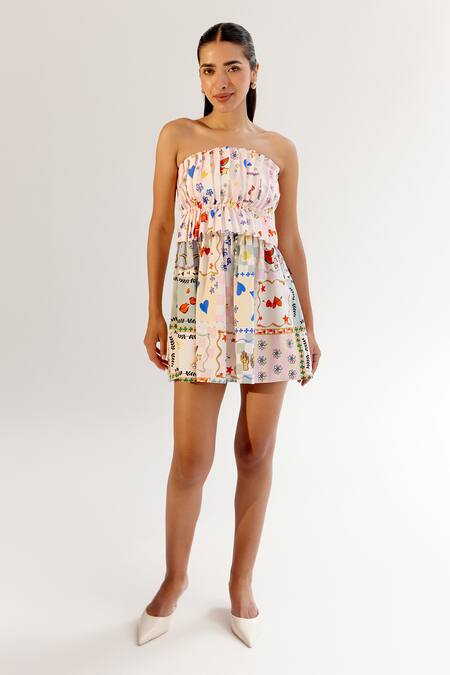 NOIB_Multi Color Cotton Satin Off-shoulder Multicolor Boardgame Print Dress _Online_at_Aza_Fashions