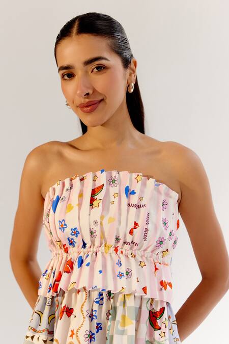 Buy_NOIB_Multi Color Cotton Satin Off-shoulder Multicolor Boardgame Print Dress _Online_at_Aza_Fashions
