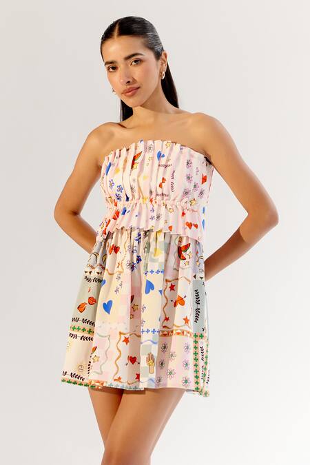 Shop_NOIB_Multi Color Cotton Satin Off-shoulder Multicolor Boardgame Print Dress _Online_at_Aza_Fashions