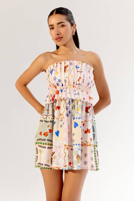 NOIB_Multi Color Cotton Satin Off-shoulder Multicolor Boardgame Print Dress _at_Aza_Fashions