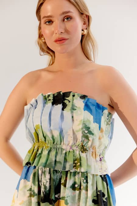 NOIB_Multi Color Cotton Satin Open Neck Multicolor Forest Print Strapless Dress _Online_at_Aza_Fashions